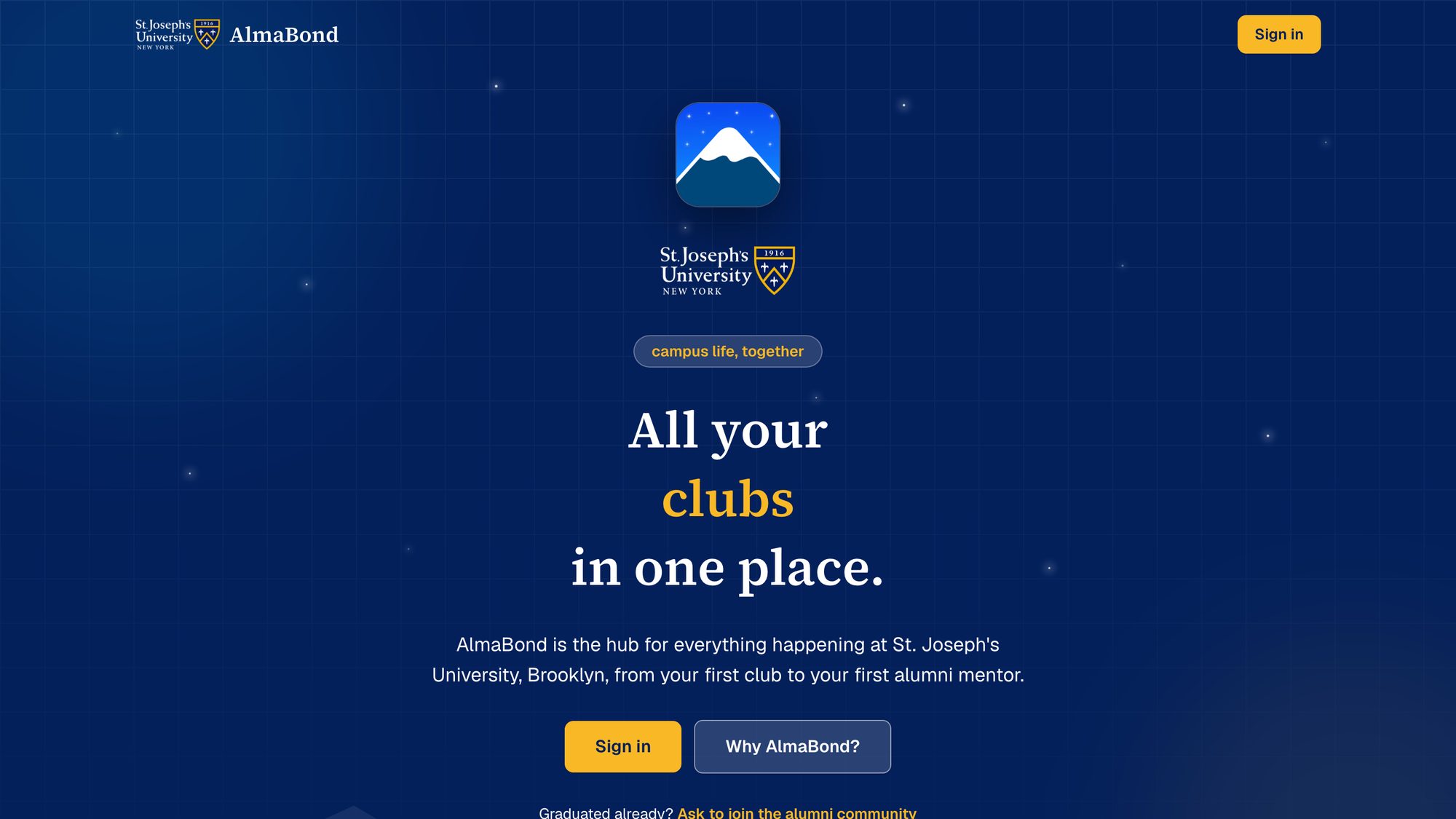 AlmaBond sign-in page for St. Joseph's University on desktop