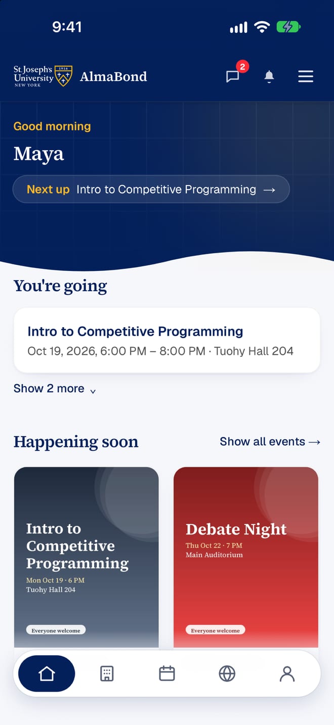AlmaBond home: next up, events you are going to, happening soon