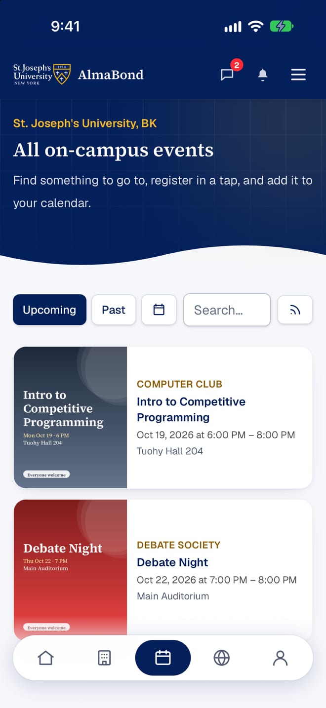 All on-campus events with search, calendar and registration
