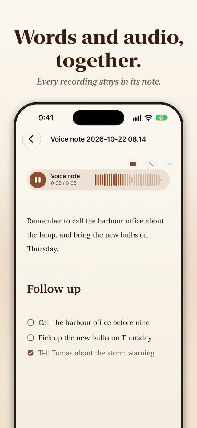 A voice note with its player and transcript